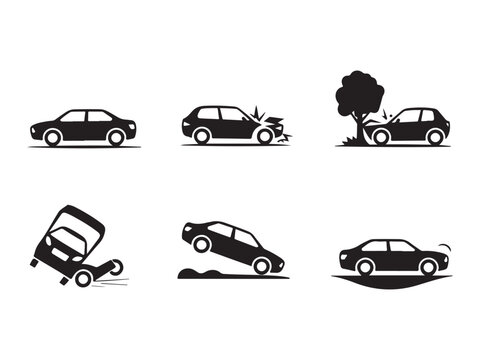 Car crash accident icons set including damaged vehicles and collision scenes  various car accident scenarios depicted in silhouette
