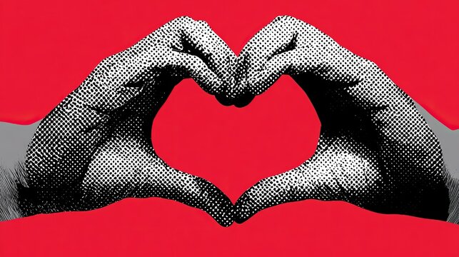 Comic style halftone graphic of two hands forming heart gesture, black and white dotted texture on solid red background, centered composition with truncated gray forearms