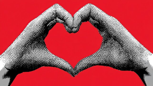 Comic style halftone graphic of two hands forming heart gesture, black and white dotted texture on solid red background, centered composition with truncated gray forearms