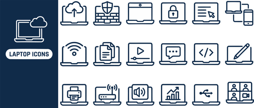 Mobile Computing and Cloud Workspace outline icon set. Featuring code, upload, padlock, video call, and folder symbols. Editable stroke vector icons for software developer and tech startup.