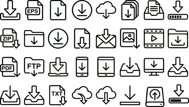 File Download and Data Transfer outline icon set. Featuring cloud upload, arrow, folder, FTP server, and save symbols. Editable stroke vector icons for app interface and storage service.