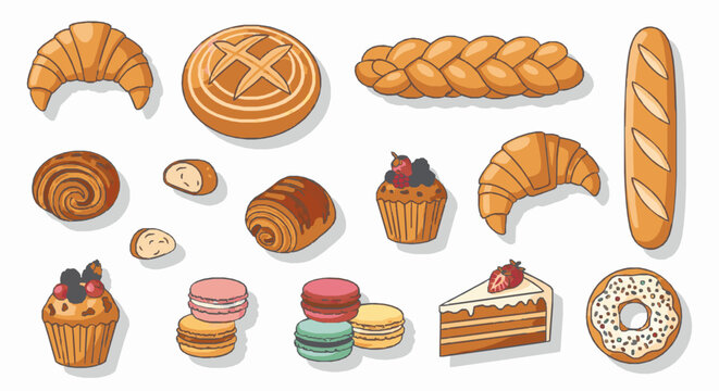 Bakery and pastry vector set with bread, croissants, muffins, macarons, cake, and donut