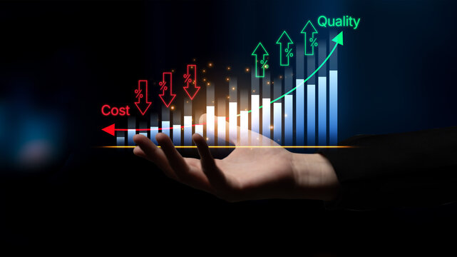 Rising Quality and Falling Cost with Hand Chart Illustrating Business Growth Trends and Metrics for Professional Presentations and Reports. Bitwise.