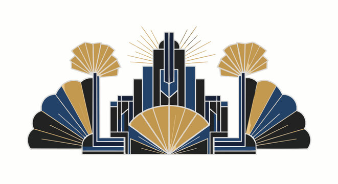 Art deco style geometric building and fan pattern illustration