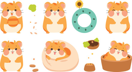Fototapeta premium Cute Hamster Cartoon Collection Featuring Happy Sleeping Eating and Cozy Pet Hamsters with Seeds Food Bowl and Wheel Vector Illustration
