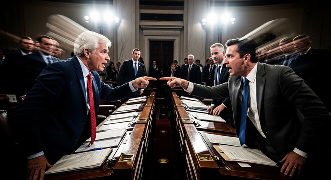 High-stakes political debate unfolds in a government chamber, as two determined figures engage in a heated confrontation, symbolizing legislative tension and opposing viewpoints
