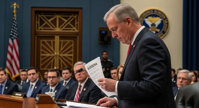 Distinguished male speaker presents official documents and addresses a legislative committee during a formal government hearing, discussing critical policy matters
