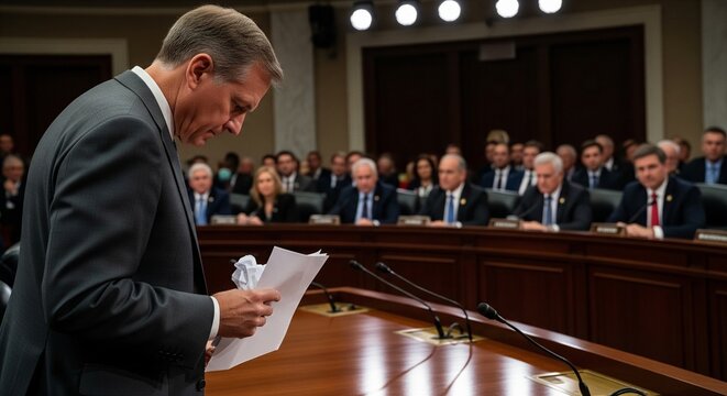 A speaker addresses a panel of government officials or business executives during a formal committee meeting, presenting documents and engaging in serious discussion