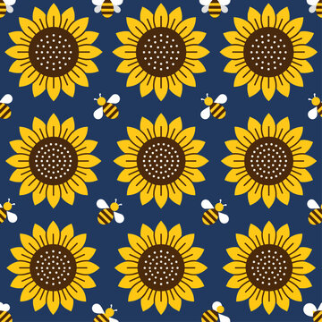 Seamless yellow sunflower and honeybee pattern on dark blue