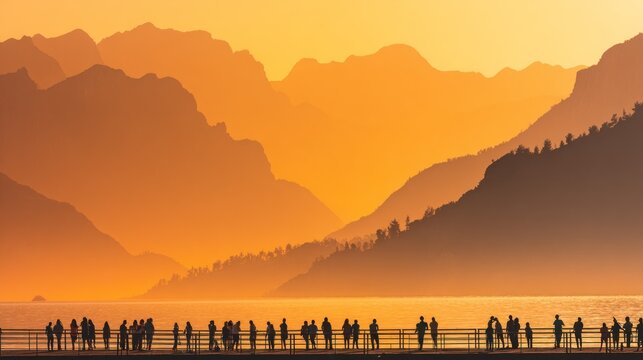 Silhouetted crowd observes layered mountain range during intense sunset