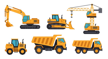 Obraz premium Set of Yellow Construction Vehicles and Heavy Machinery Equipment