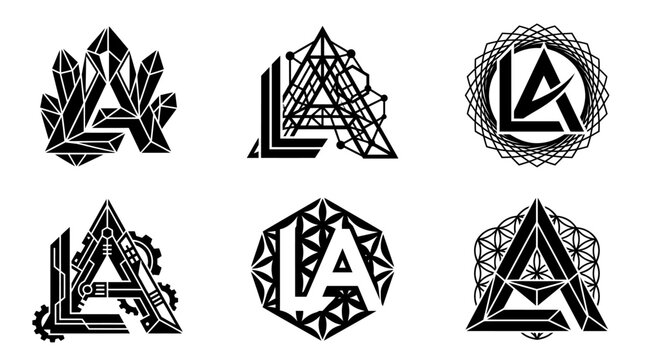 Collection of six unique geometric LA monogram logos in black and white.