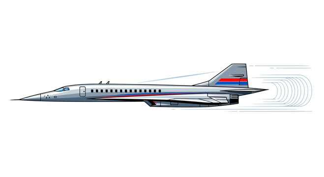 silver airplane in motion with red blue stripes on tail