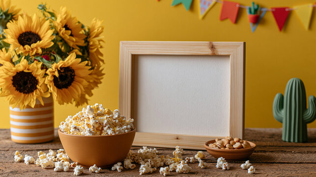 Blank Photo Frame Surrounded by Sunflowers Popcorn and Fiesta Decorations