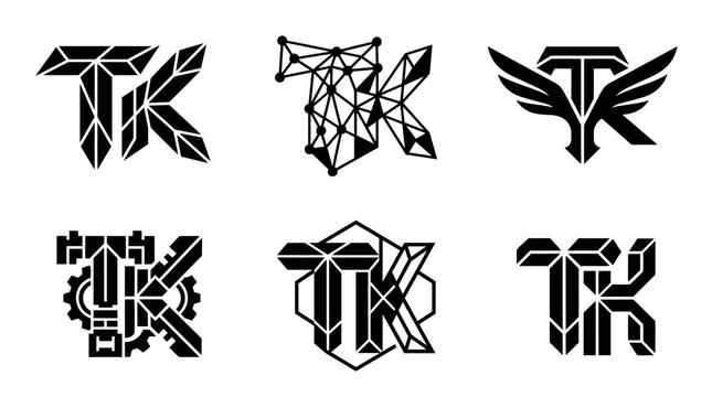 Set of Six Geometric TK Letter Logos in Black and White.