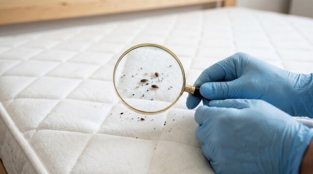 Close-up of Professional Pest Control Technician in Blue Gloves Inspecting Mattress for Bed Bug Infestation Using Magnifying Glass