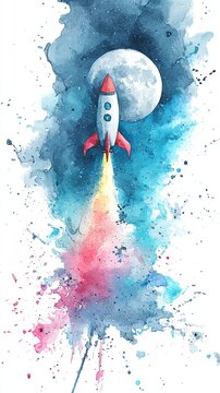 A watercolor painting of a rocket launching into space with a full moon in the background, featuring vibrant splashes of blue, pink, and purple.