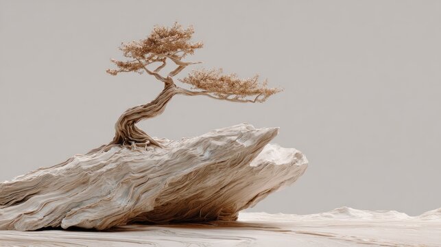Gnarled miniature tree flourishes atop weathered, pale stone against a neutral backdrop