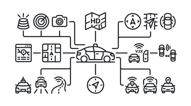 Autonomous Self-Driving Car Technology Infographic Icons