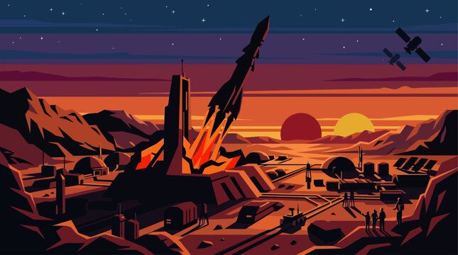 Futuristic Space Colony Launching a Rocket at Sunset with Satellites Overhead