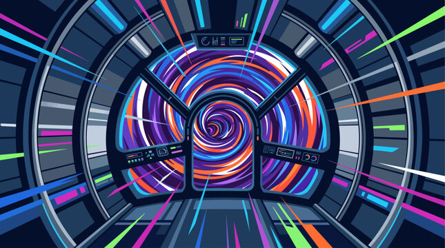 A futuristic tunnel with colorful light streaks, representing a wormhole or hyperspace travel