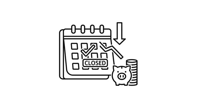 Financial Downturn Calendar Closed Piggy Bank and Falling Coin Stack Icon