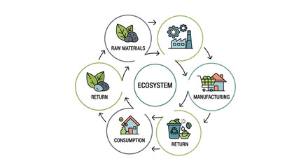 Fototapeta premium Ecosystem, Sustainable, Infographic, Icons, 6 Steps, Cycle Diagram, Environmental, Business Process, Vector Illustration isolated on White Background vector eps silhouette