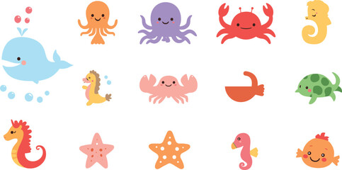 Cute Ocean Animal Cartoon Collection Featuring Whale Octopus Crab Seahorse Starfish Turtle Fish and Marine Sea Creature Characters Vector Illustration © Yevhenii creative