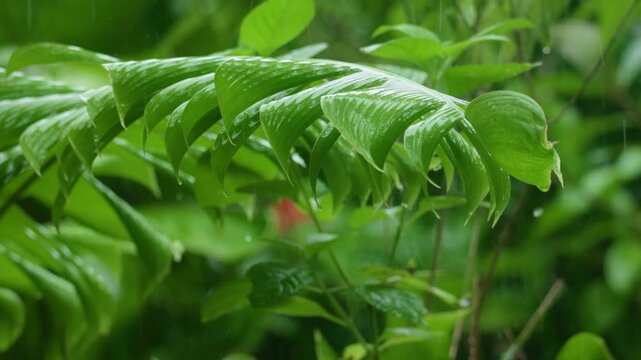 Tropical fern fronds dripping with fresh rainwater in Costa Rica jungle during monsoon season. Vibrant green foliage with water droplets falling from pointed leaf tips against soft bokeh background.