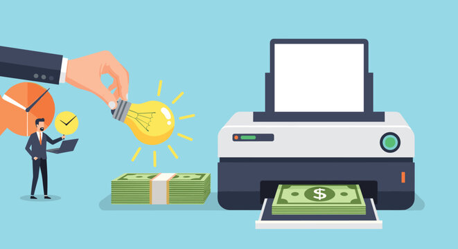 Giant hand places a glowing lightbulb into a desktop printer which produces tall stacks of paper dollar bills on a blue background.
