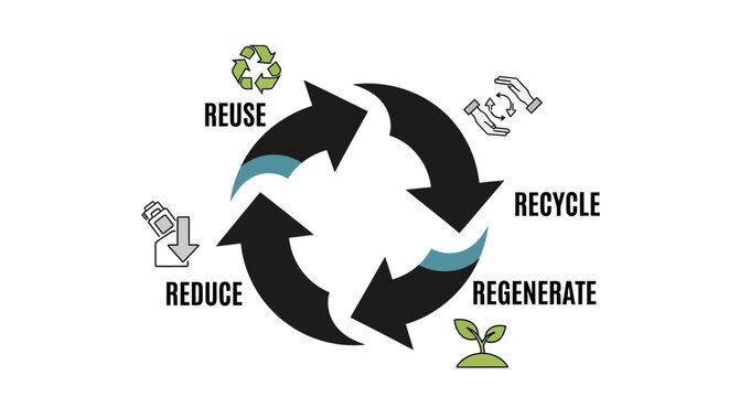 Eco friendly cycle icons, sustainability symbols, reduce reuse recycle, environmental conservation graphics isolated on White Background vector eps silhouette