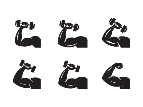 Muscle arms with dumbbells in various positions and angles for fitness and exercise concepts  strong biceps and forearms