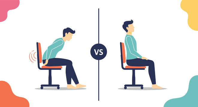 Educational diagram compares a slouched sitting posture versus a healthy straight spine position in an office chair.