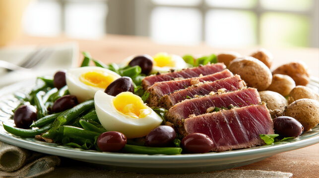 transparent food photography of classic nicoise salad with seared ahi tuna