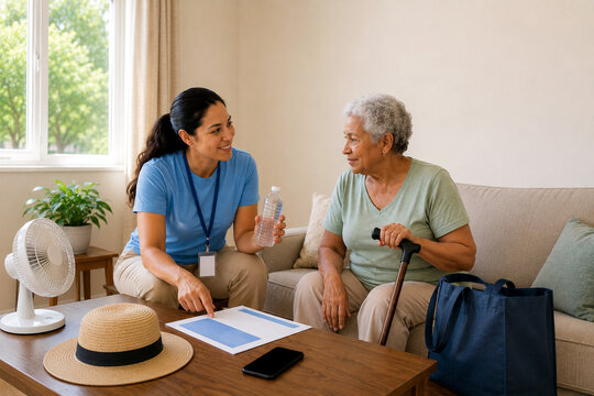 Volunteer helping senior prepare for cooling center during heatwave