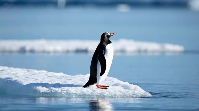 Gentoo penguin walking on an ice floe in the Antarctic ocean