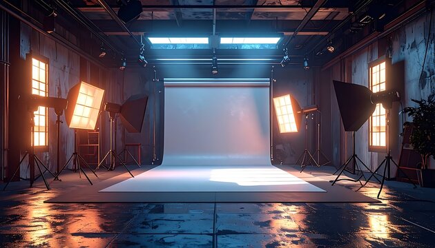 A dimly lit photography studio with softbox lights