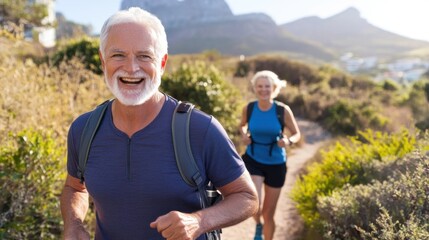 Naklejka premium Happy Senior Couple Hiking on Scenic Nature Trail