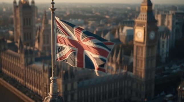 The Union Jack flag flying over London.