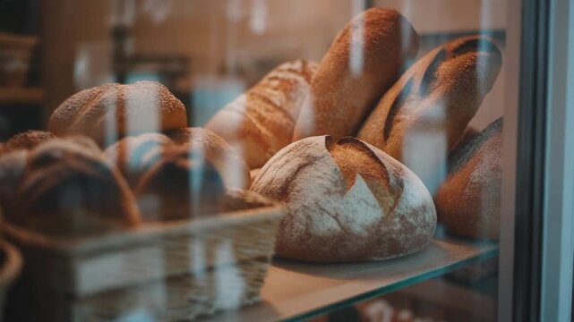 Fresh artisan bread and bakery products displayed in bakery shop window