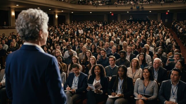 Business speaker addressing a large diverse audience in a theater