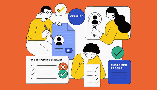 Customer profile, verification, and compliance icons, people checking documents, business workflow vector set
