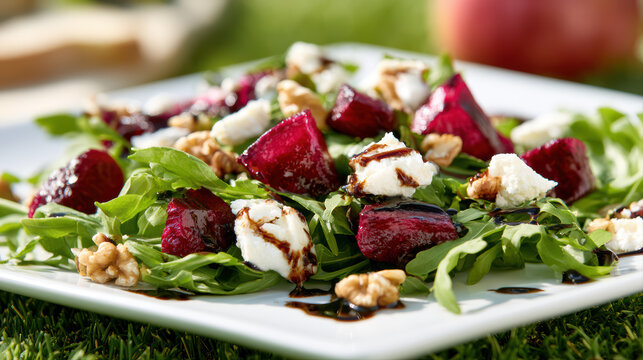 refreshing beet and goat cheese salad on a wooden table