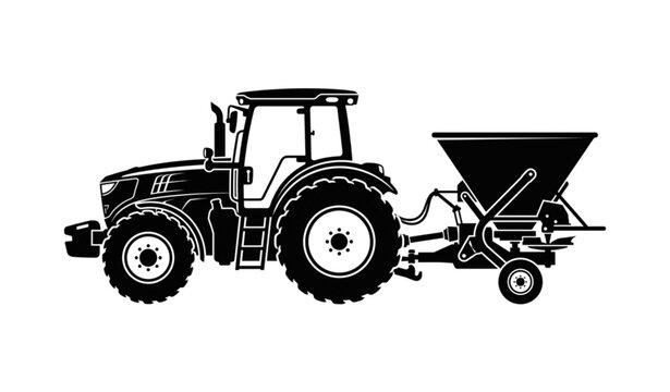 Tractor with fertilizer spreader silhouette vector illustration isolated on white background
