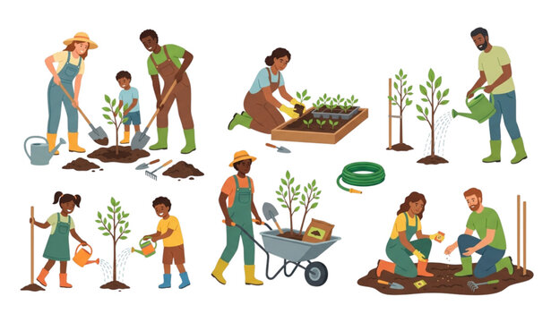 Tree planting and gardening people collection vector illustration isolated on white background