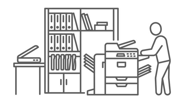 Line art of office worker using a photocopier machine