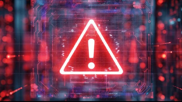 Digital Warning Sign: A bright red digital warning triangle with an exclamation mark illuminates against a blurred background of glowing red circuit board patterns and abstract lights.