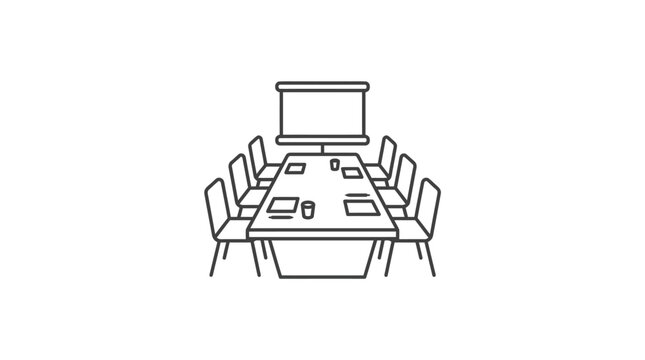 Conference table with chairs and monitor line art.