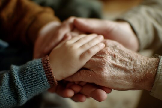 Closeup of a childs hand on top of an elderly persons hand