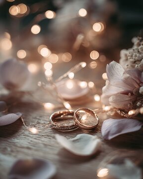 Romantic wedding rings on wood with floral accents and fairy lights